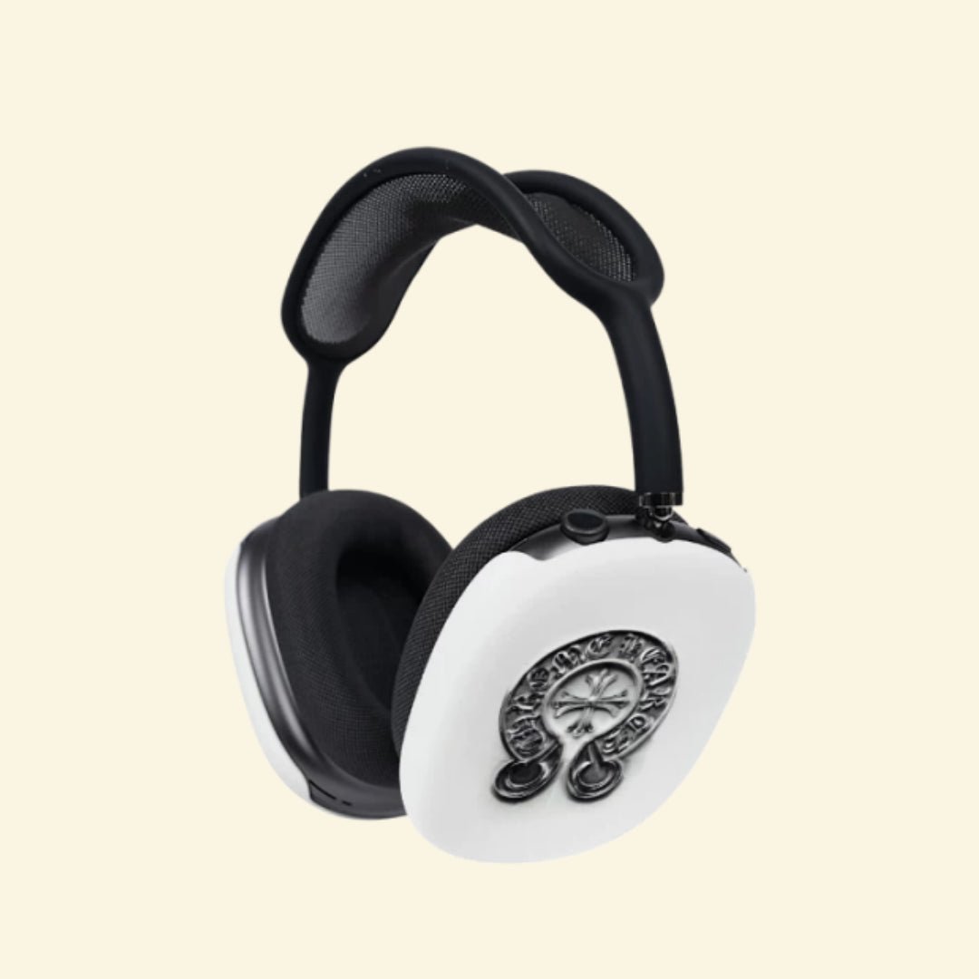 The Sanctum Horseshoe — Gothic Cross Ear Cup Enclosure for AirPods Max (1st & 2nd Gen) - Carapace StudioAirPods Max AccessoriesCarapace StudioCarapace StudioCS-027-CRUCIFIX-HORSESHOE-V3The Sanctum Horseshoe — side angle view showing 3D oxidized silver horseshoe gothic cross ear cup enclosure on AirPods Max