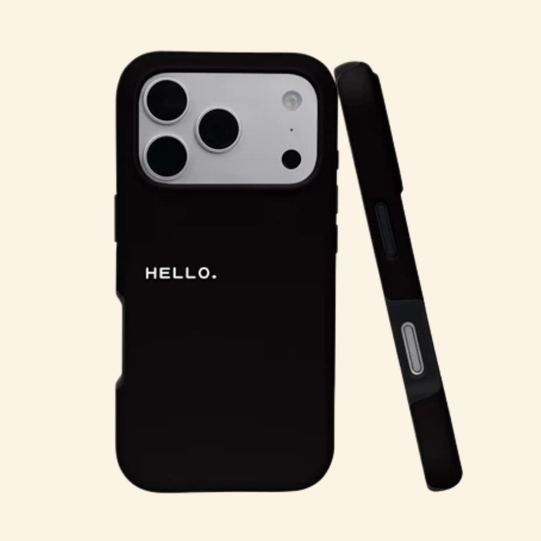 The Void Greeting case – front and side profile flat lay showing HELLO. typography on matte black