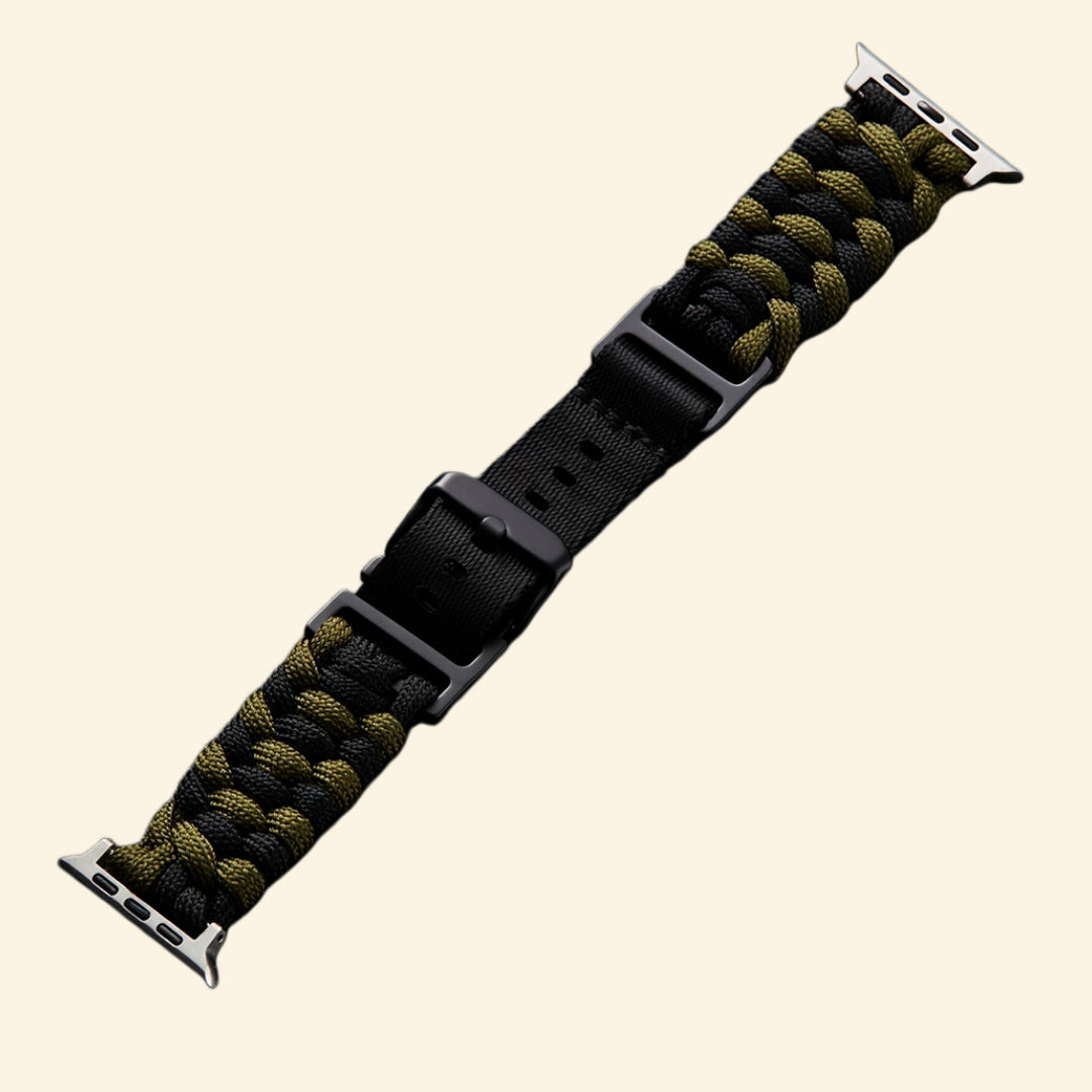 Ranger Green & Black Paracord Braided Band — flat lay with Apple Watch on wrist
