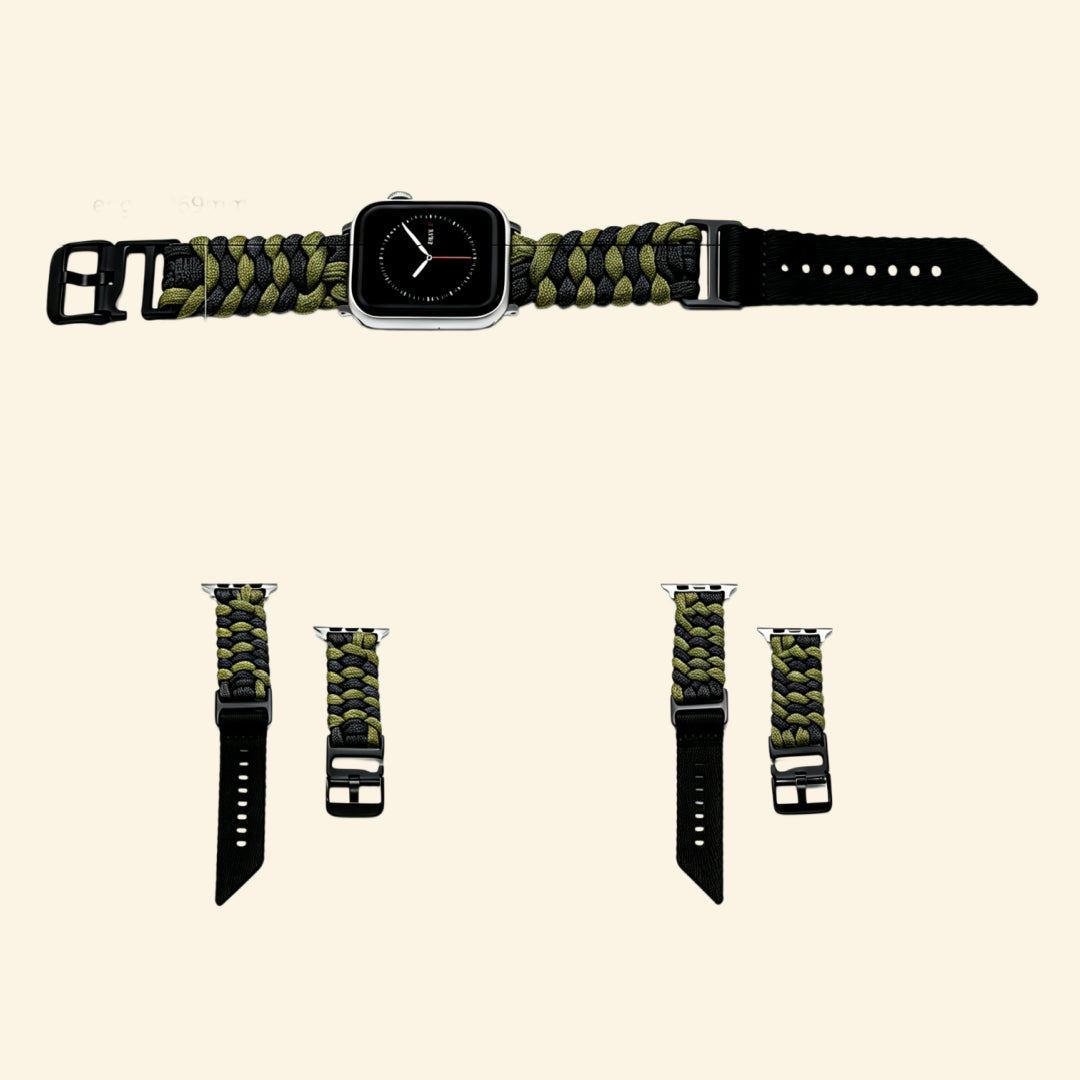 Ranger Green & Black Paracord Braided Band on Apple Watch — angled front view