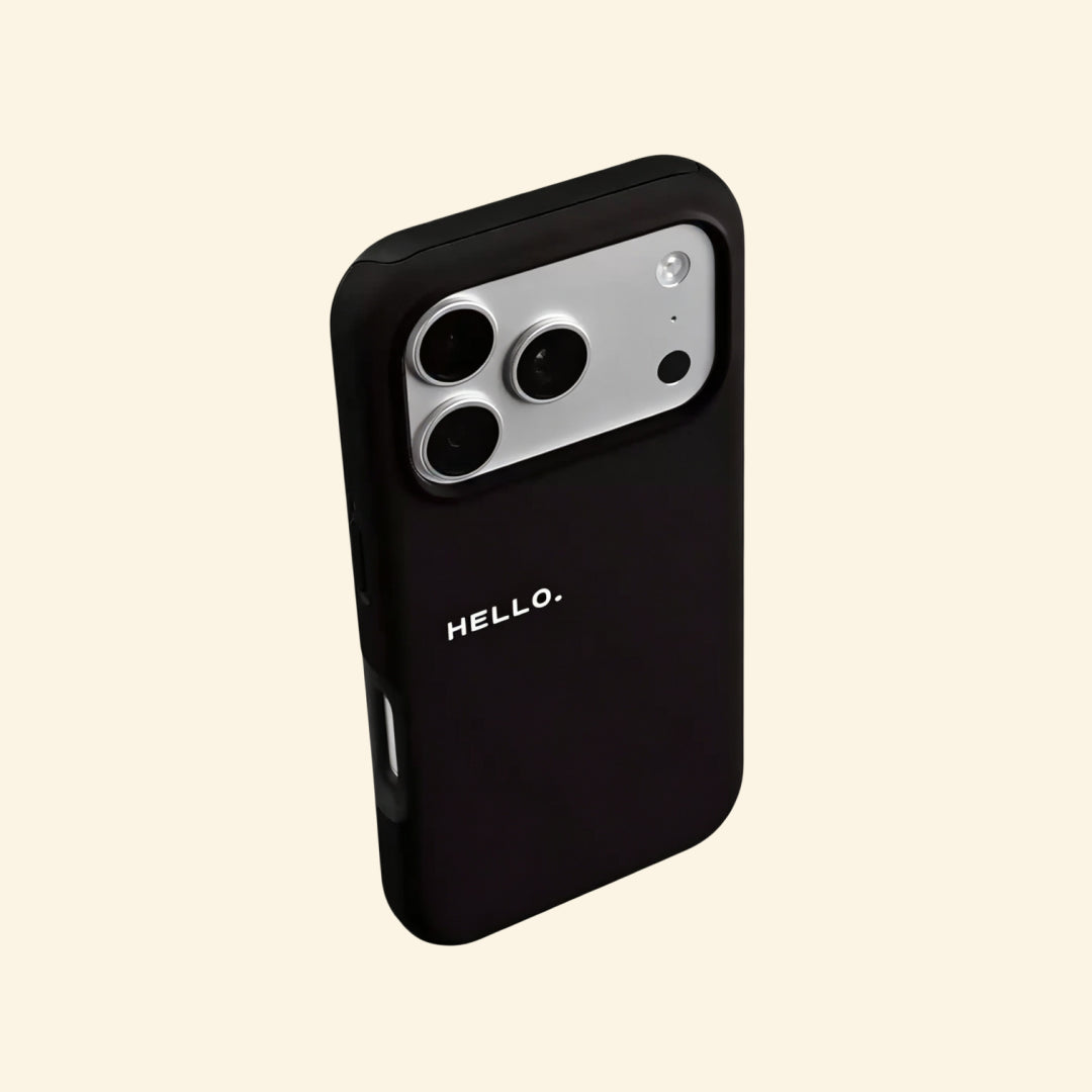 The Void Greeting case – angled floating view showing HELLO. text on deep matte black shell