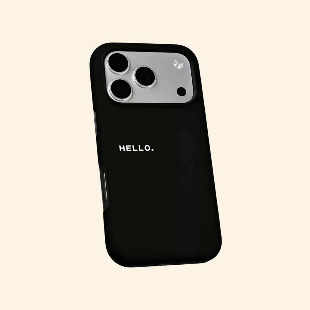 The Void Greeting case – floating side angle showing camera island and HELLO. placement