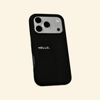 The Void Greeting case – floating side angle showing camera island and HELLO. placement