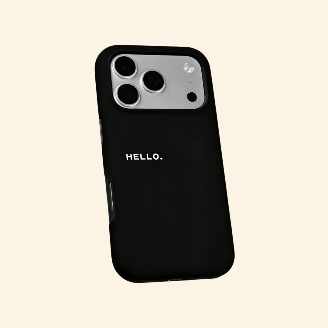 The Void Greeting case – floating side angle showing camera island and HELLO. placement