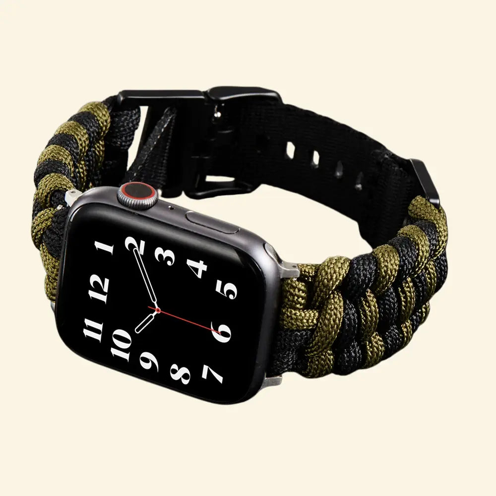 Ranger Green & Black Paracord Braided Band on Apple Watch — side angle view