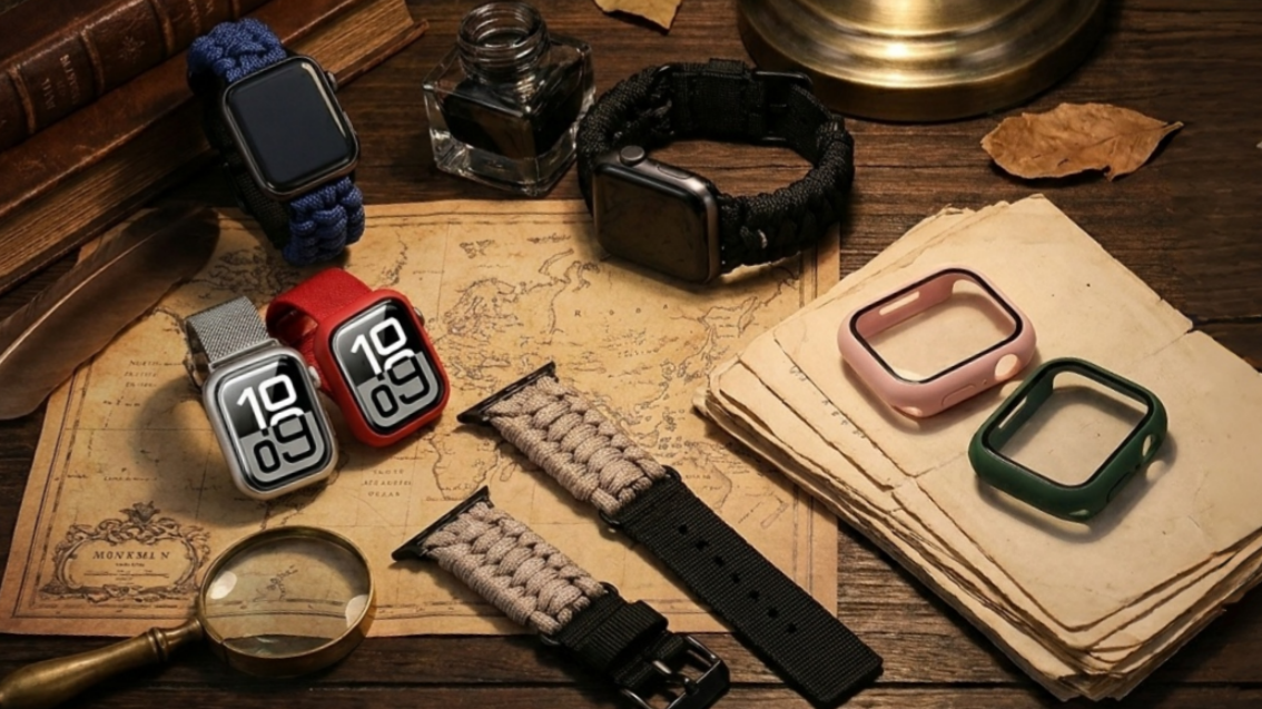 Apple Watch bands and cases collection including paracord, milanese and silicone styles on antique map – Carapace Studio