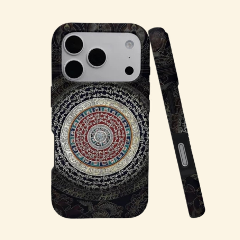 The Sacred Mandala case – angled floating view showing full Sanskrit mandala concentric rings