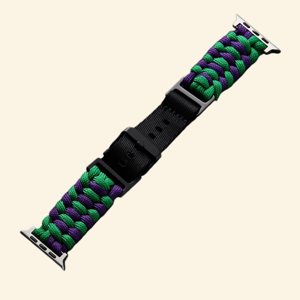 Purple & Green Paracord Braided Band for Apple Watch - Carapace StudioWatch BandCarapace StudioCarapace StudioApple Watch Ultra 3 (49mm)Purple & Green Paracord Braided Band — flat lay with Apple Watch