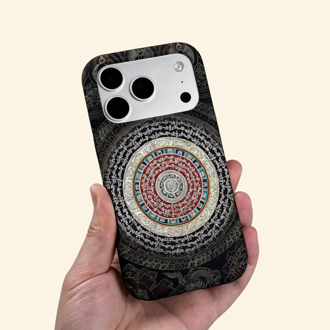 The Sacred Mandala case – flat lay side view showing camera island and mandala detail