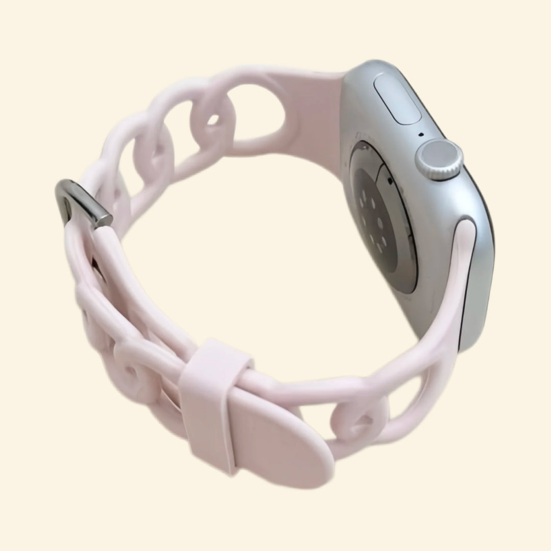 Pale Sakura Pink Cutout Chain Link Silicone Band — rear sensor view on Apple Watch