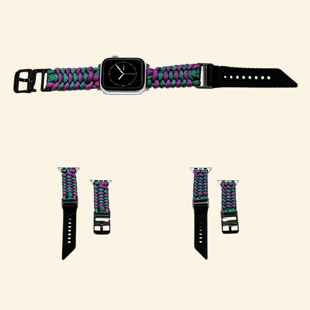 Purple & Green Paracord Braided Band for Apple Watch - Carapace StudioWatch BandCarapace StudioCarapace StudioApple Watch Ultra 3 (49mm)Purple & Green Paracord Braided Band on Apple Watch — angled side view