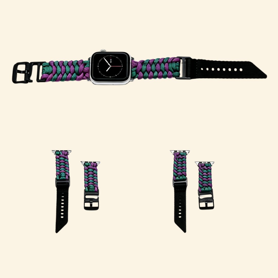 Purple & Green Paracord Braided Band for Apple Watch - Carapace StudioWatch BandCarapace StudioCarapace StudioApple Watch Ultra 3 (49mm)Purple & Green Paracord Braided Band on Apple Watch — angled side view