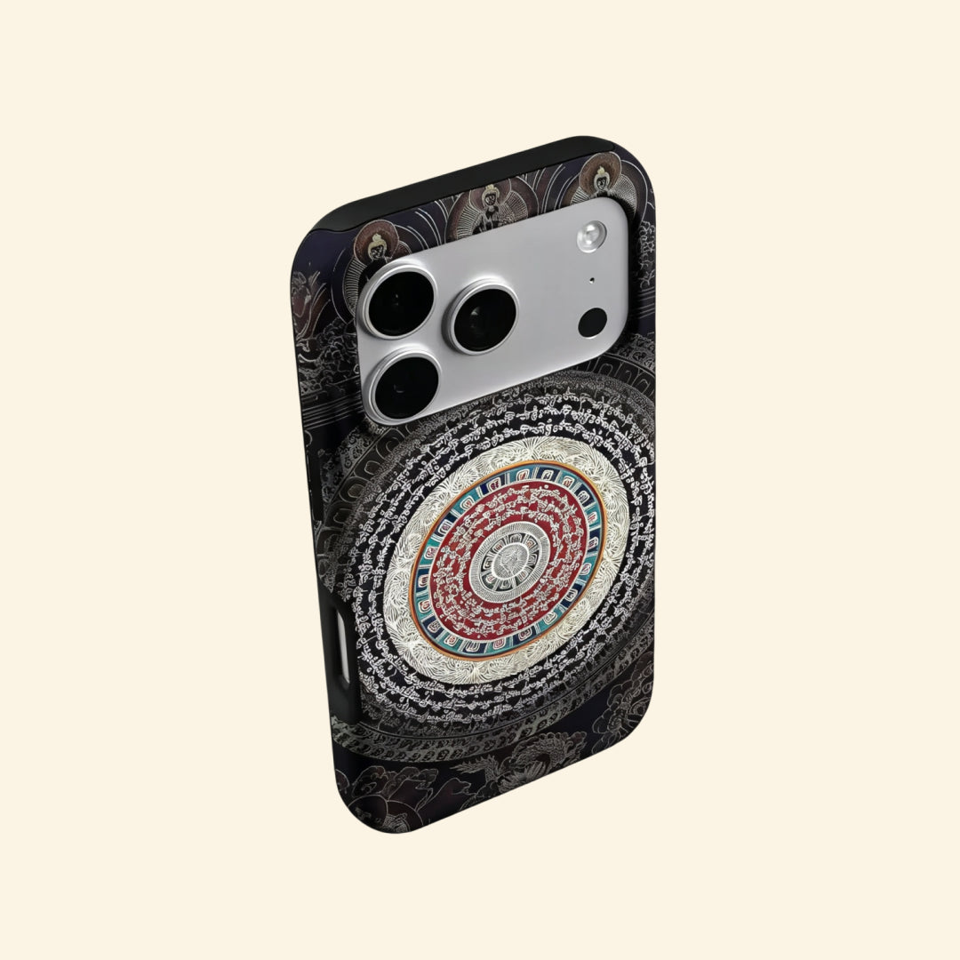 The Sacred Mandala case – front and side profile showing slim shell with cosmic wheel print