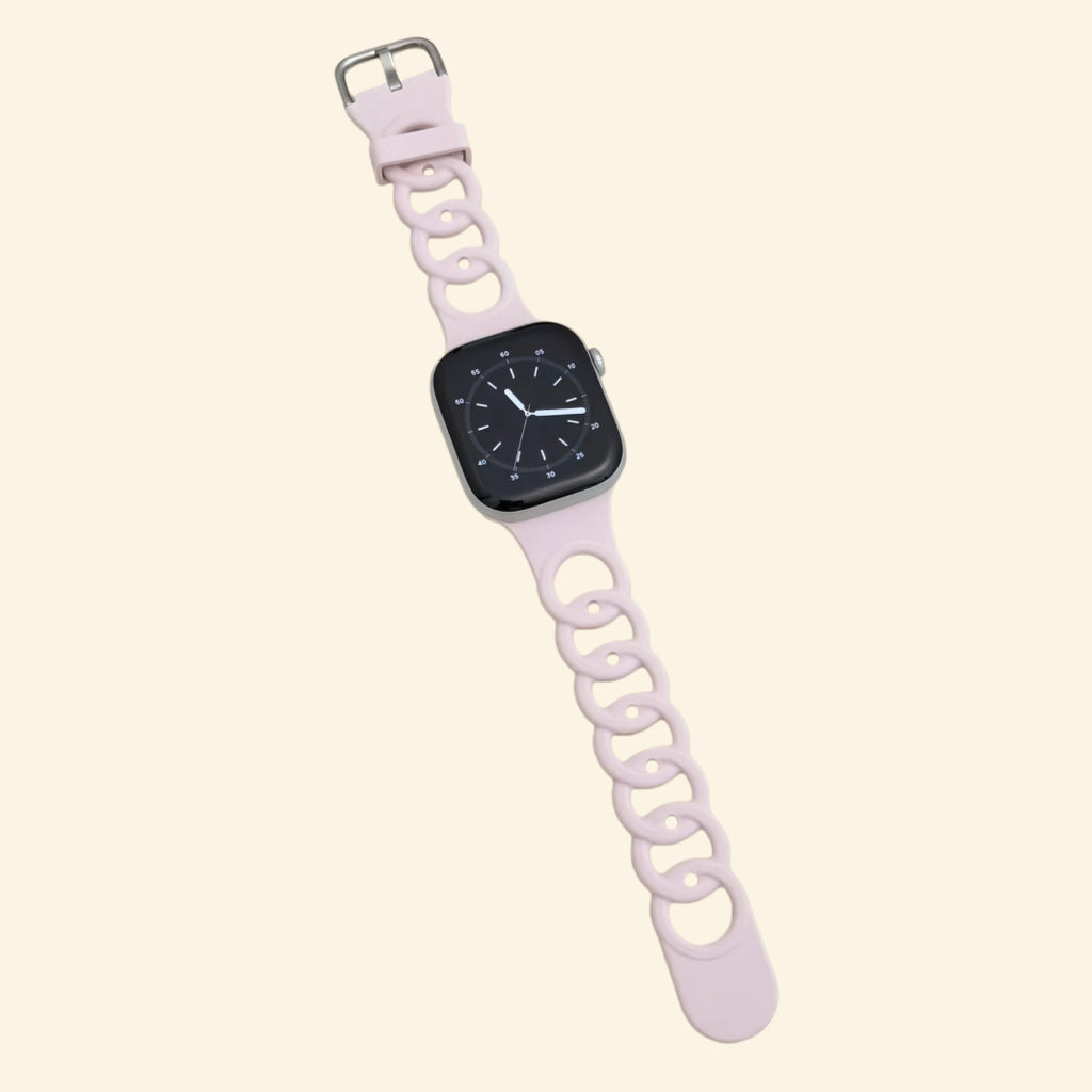 Pale Sakura Pink Cutout Chain Link Silicone Band — flat lay showing full strap length and chain link detail
