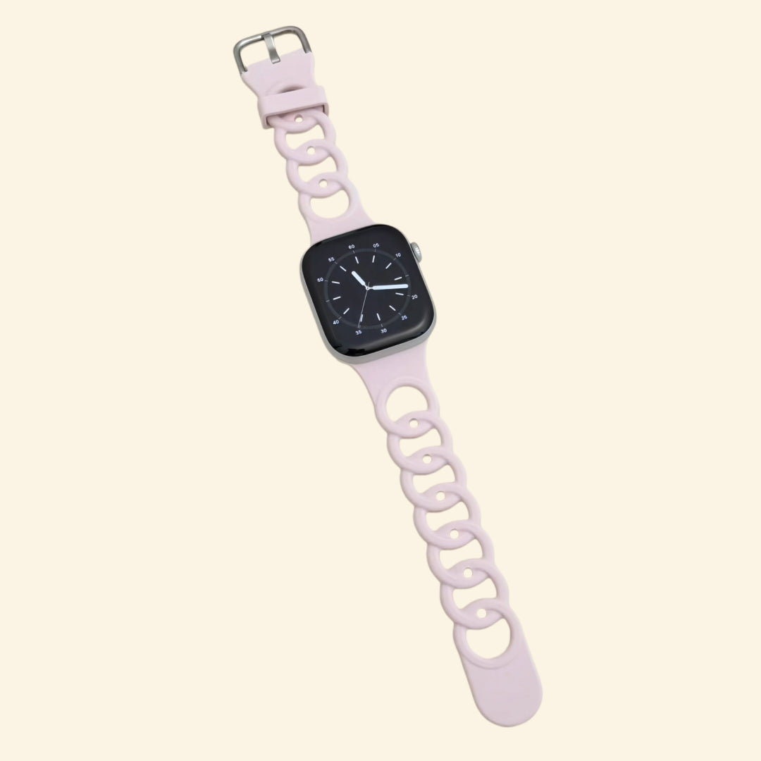 Pale Sakura Pink Cutout Chain Link Silicone Band — flat lay showing full strap length and chain link detail