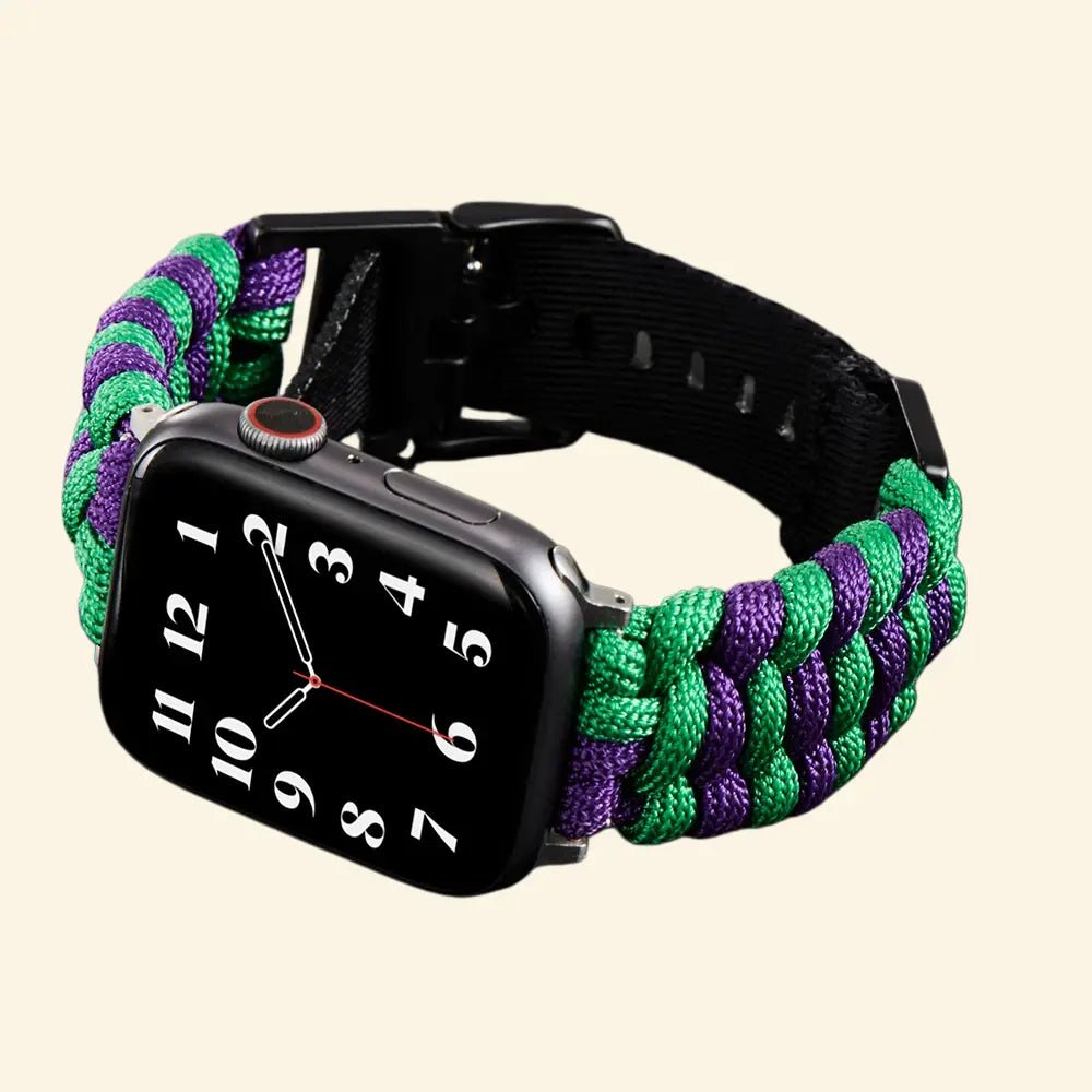 Purple & Green Paracord Braided Band for Apple Watch - Carapace StudioWatch BandCarapace StudioCarapace StudioApple Watch Ultra 3 (49mm)Purple & Green Paracord Braided Band on Apple Watch — front face view