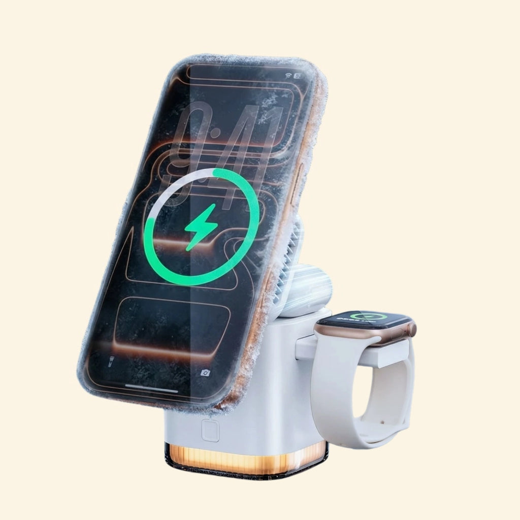Pop-Up 3-in-1 Qi2 Magnetic Wireless Charging Stand — cylindrical form with Qi2 disc and Apple Watch dock