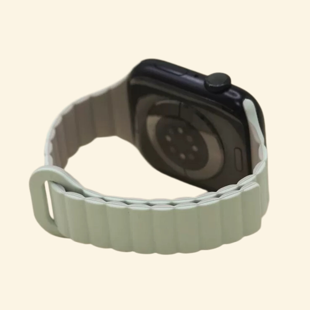 Sage Green Magnetic Silicone Band — close-up link texture on Apple Watch