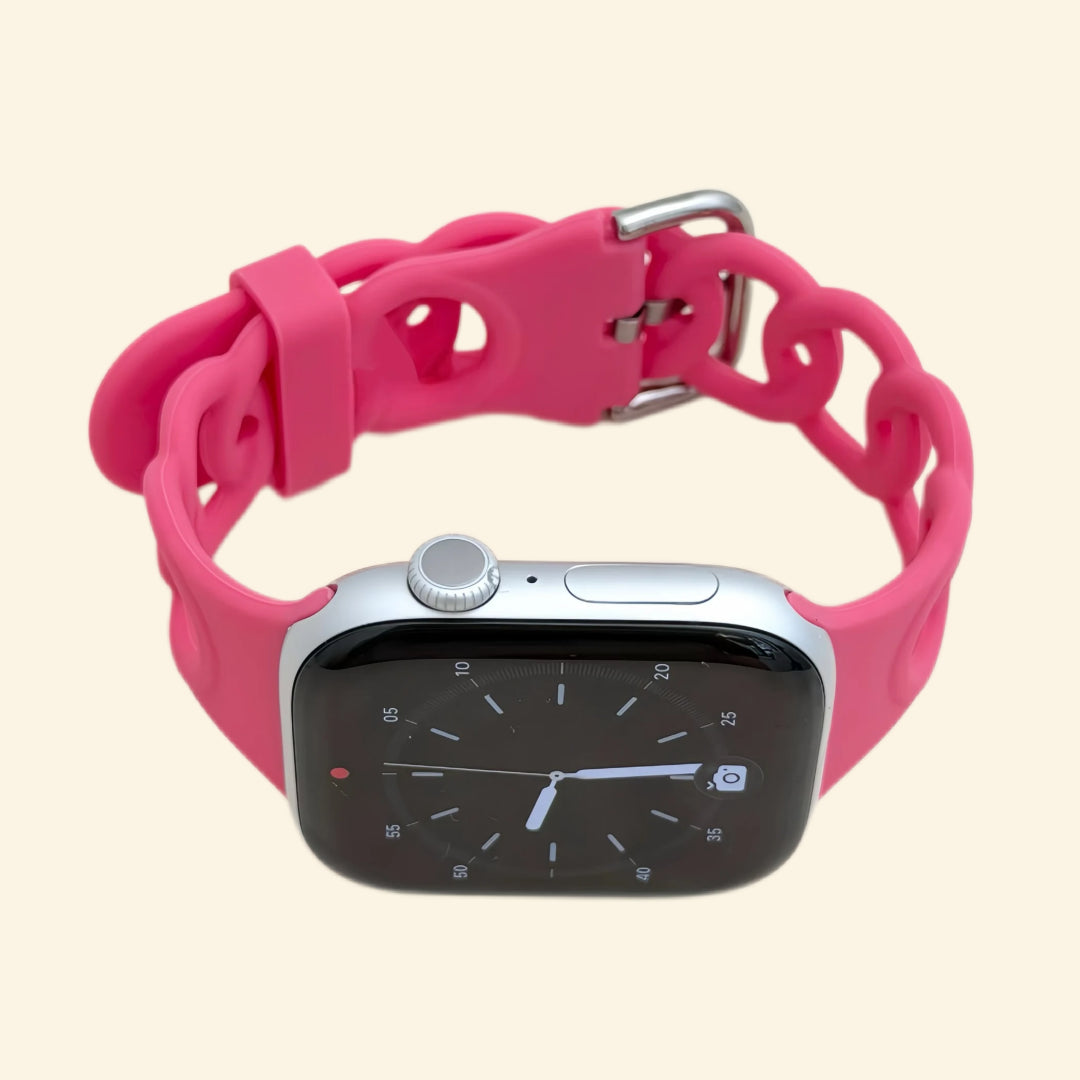 Hot Pink Cutout Chain Link Silicone Band — front face view on Apple Watch