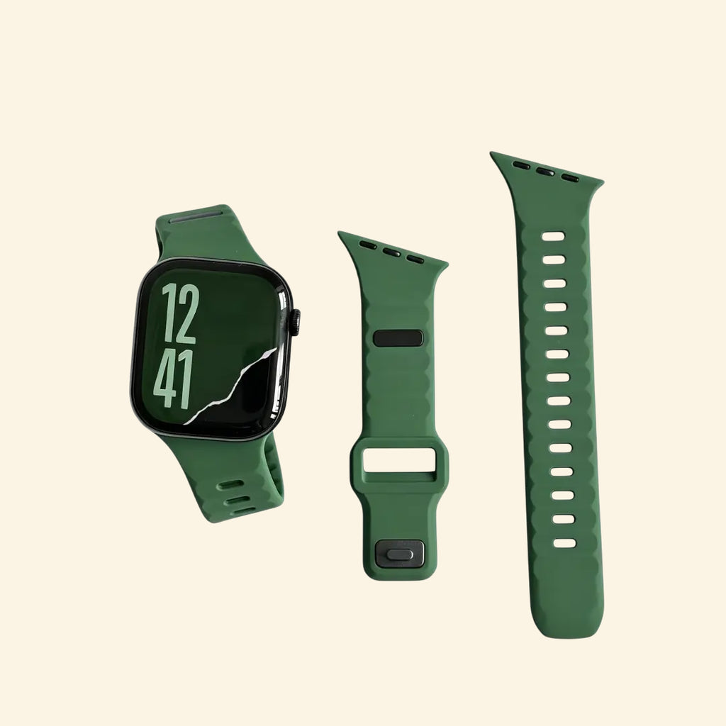 Forest Green Ocean Wave Apple Watch Band — flat lay with watch and band components