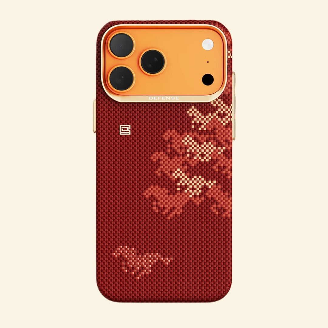 Specimen No. 10547 Galloping Steed Aramid iPhone Case — bottom USB-C port detail in crimson