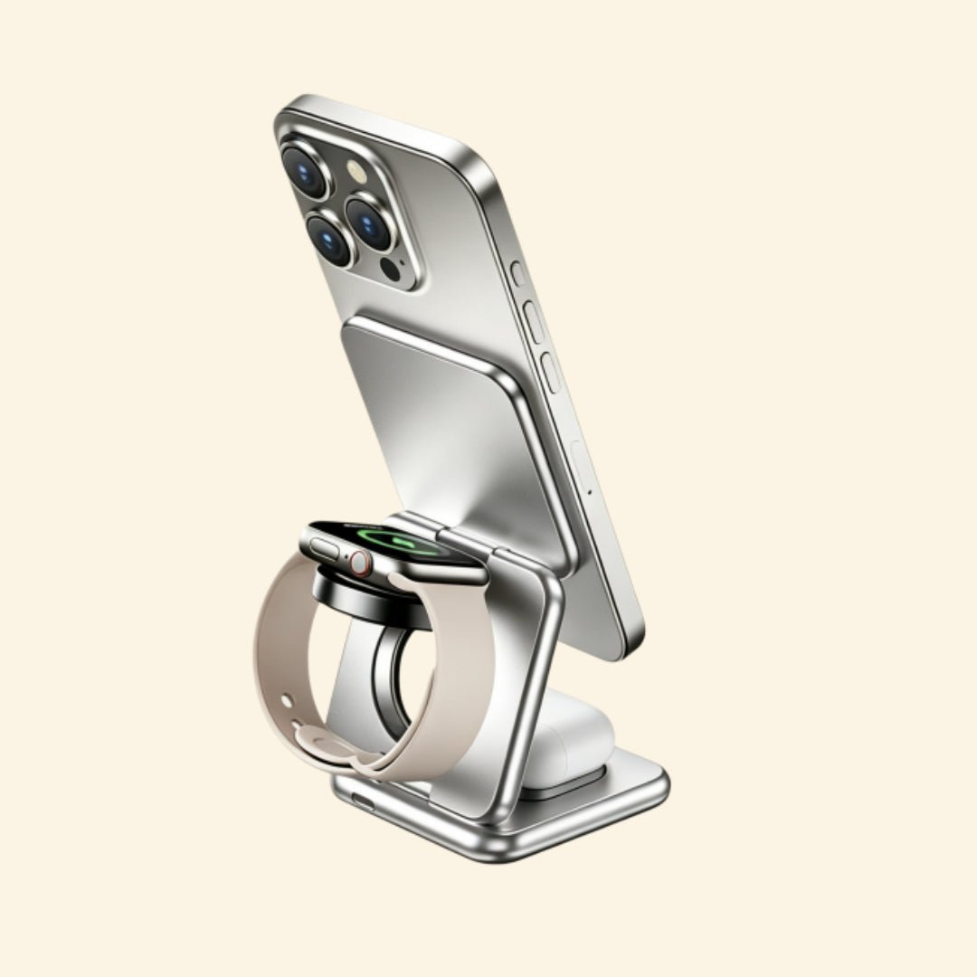 Foldable 3-in-1 MagSafe Wireless Charging Station - Carapace StudioWireless ChargerCarapace StudioCarapace Studio10557-1Glacial Platinum3-in-1 charging station with iPhone and Apple Watch — rear view