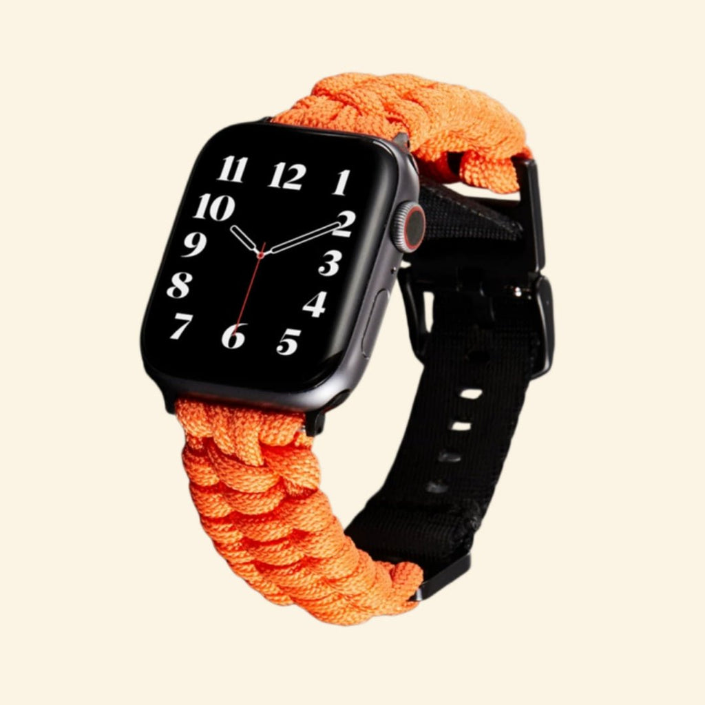 Tactical Paracord Braided Band for Apple Watch — Specimen No. 9808 - Carapace StudioApple Watch BandCarapace StudioCarapace StudioCS-9808-PCRD-ORG-AW-1Apple Watch Ultra 3 (49mm)Tactical Paracord Braided Apple Watch Band in Safety Orange — flat lay with band components, Specimen No. 9808