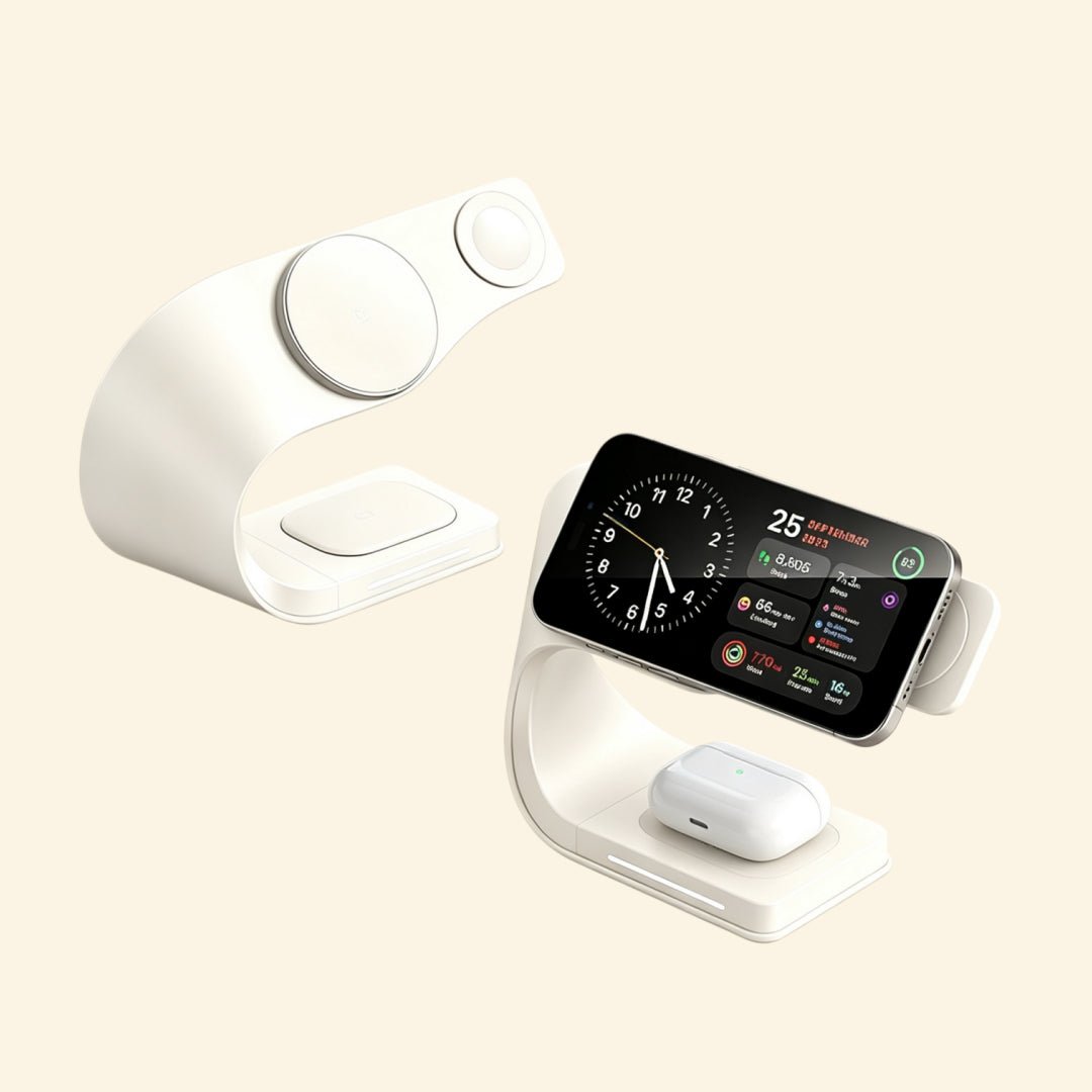 Streamlined Metal 3-in-1 Magnetic Wireless Charging Stand - Carapace StudioWireless ChargerCarapace StudioCarapace Studio10559Titanium GrayCharging stand body detail — top view showing MagSafe disc, Apple Watch cradle, and AirPods pad