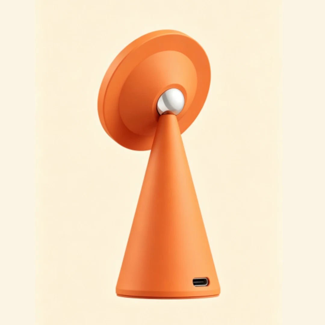 Geometric Cone Qi2 25W Wireless Charging Stand - Carapace StudioWireless ChargerCarapace StudioCarapace StudioSPEC-10556-CONE-QI2Amber GoldGeometric Cone Qi2 25W Wireless Charging Stand — side profile showing USB-C port and swivel joint