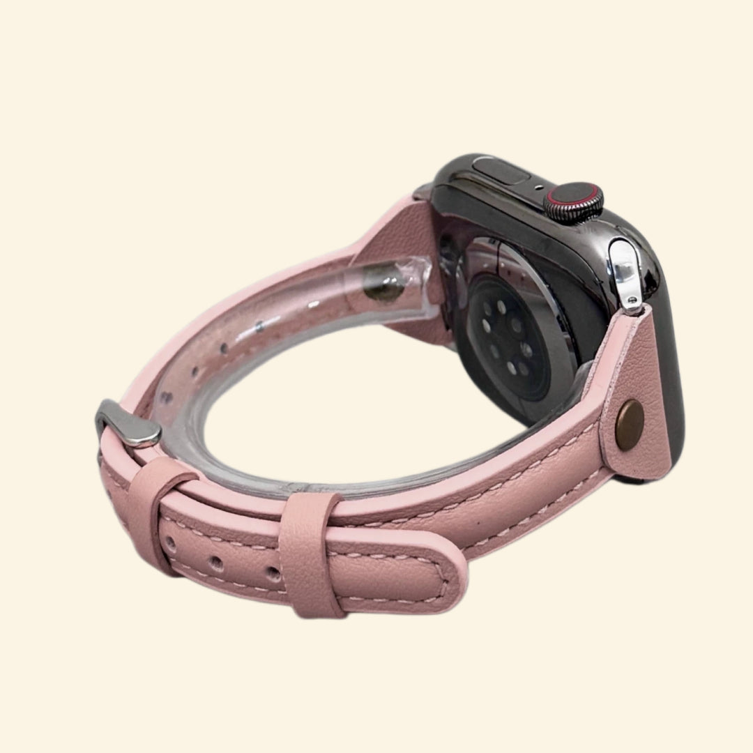 Dusty Blush Leather Band — front face view on Apple Watch
