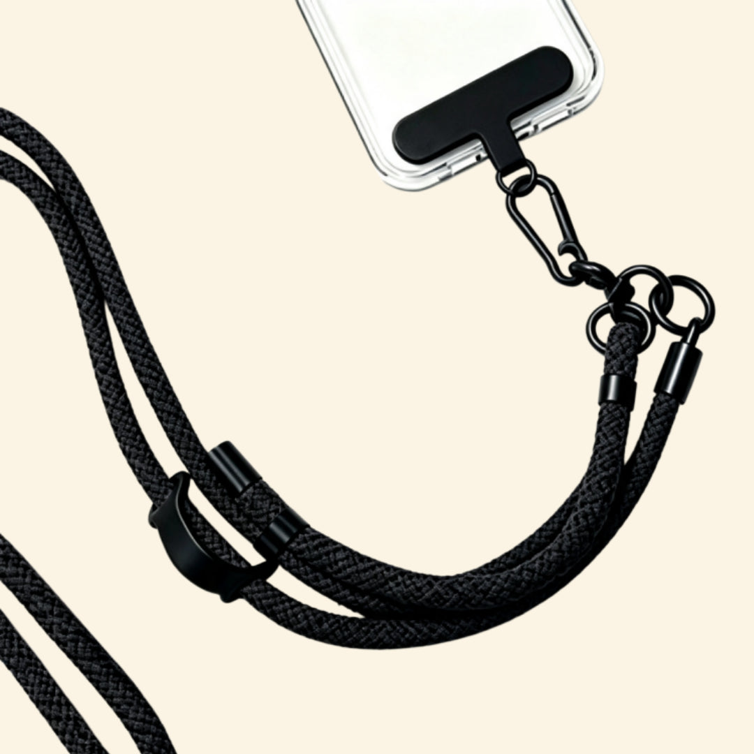 The Core Cord Onyx Black – lanyard attached to phone case detail view
