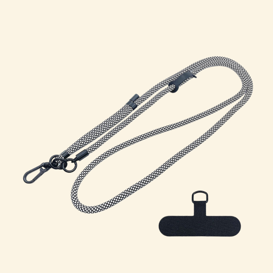 The Core Cord Monochrome Grid – lanyard with tether pad flat lay