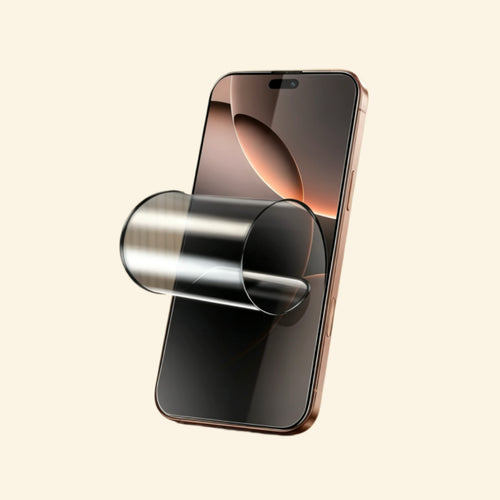 0.18mm ultra-thin flexible ceramic screen protector — 3D render showing transparent film being applied to iPhone 16 Pro in desert titanium, cream background, illustrating ultra-thin flexible substrate and full-screen coverage