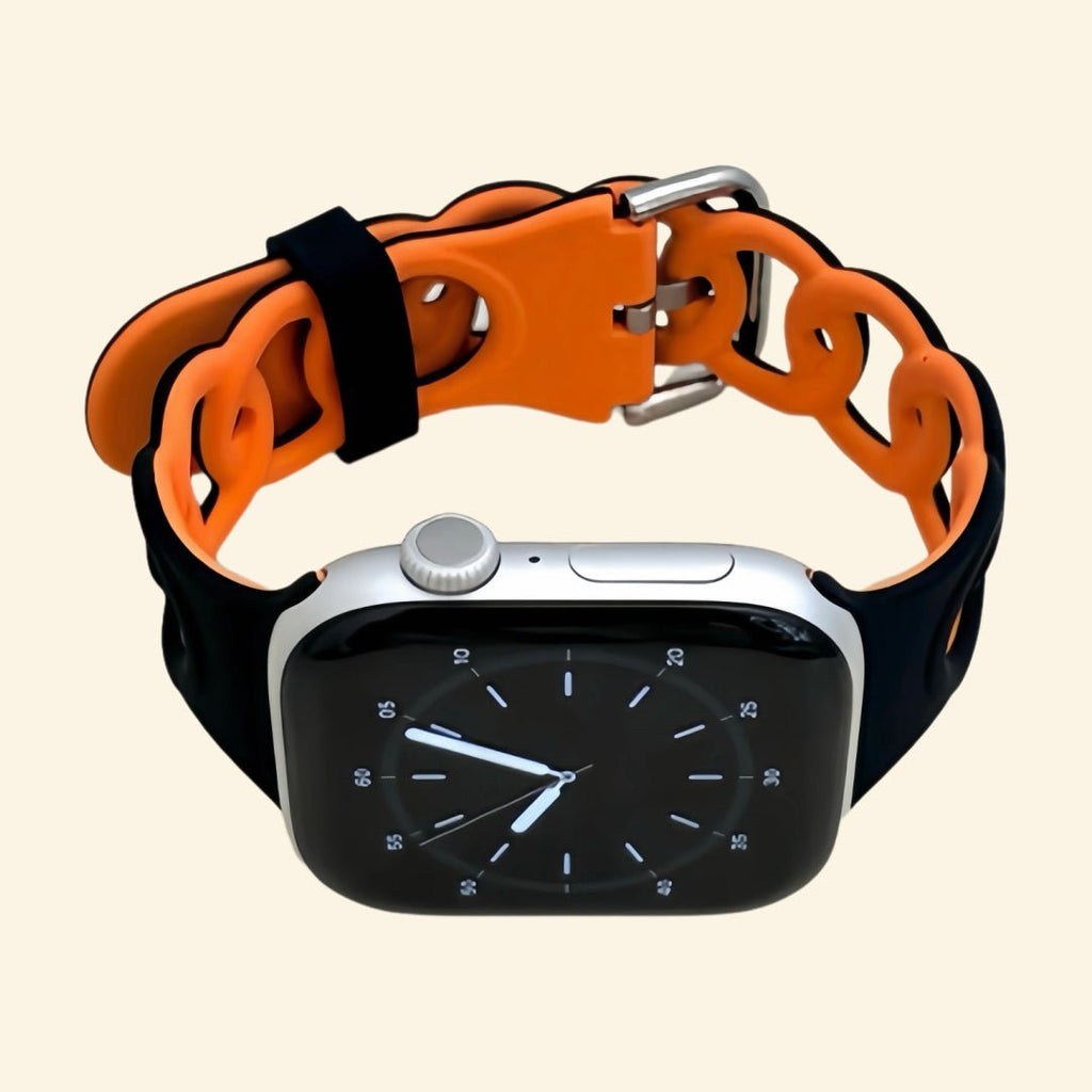 Onyx Black & Amber Orange Cutout Chain Link Silicone Band for Apple Watch - Carapace StudioWatch BandCarapace StudioCarapace StudioCS-8575-BOO-SIL-1Apple Watch Ultra 3 (49mm)Onyx Black & Amber Orange Cutout Chain Link Band — front face view on Apple Watch
