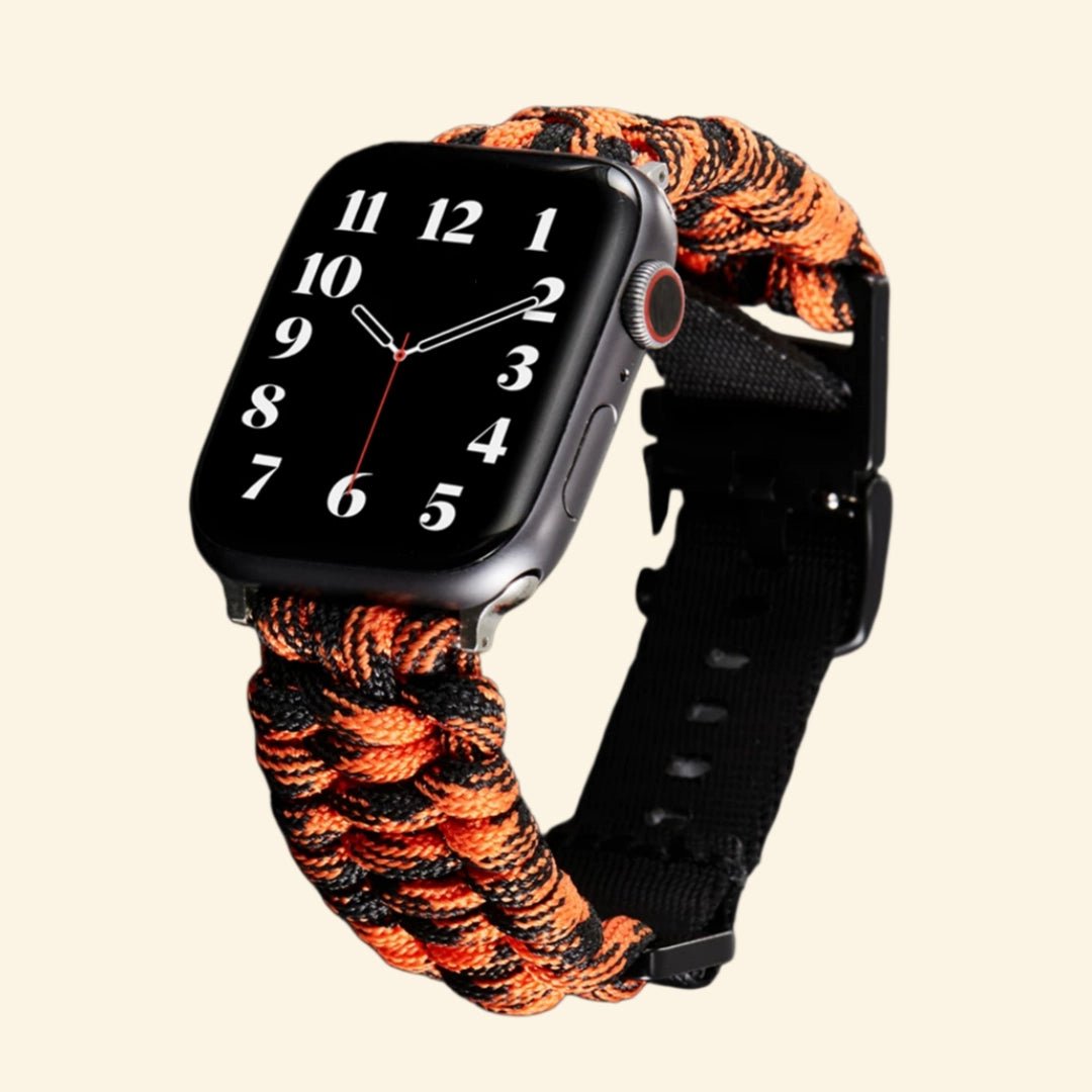 Ember Orange & Black Paracord Braided Band for Apple Watch - Carapace StudioWatch BandCarapace StudioCarapace StudioApple Watch Ultra 3 (49mm)Ember Orange & Black Paracord Braided Band — flat lay with Apple Watch top view