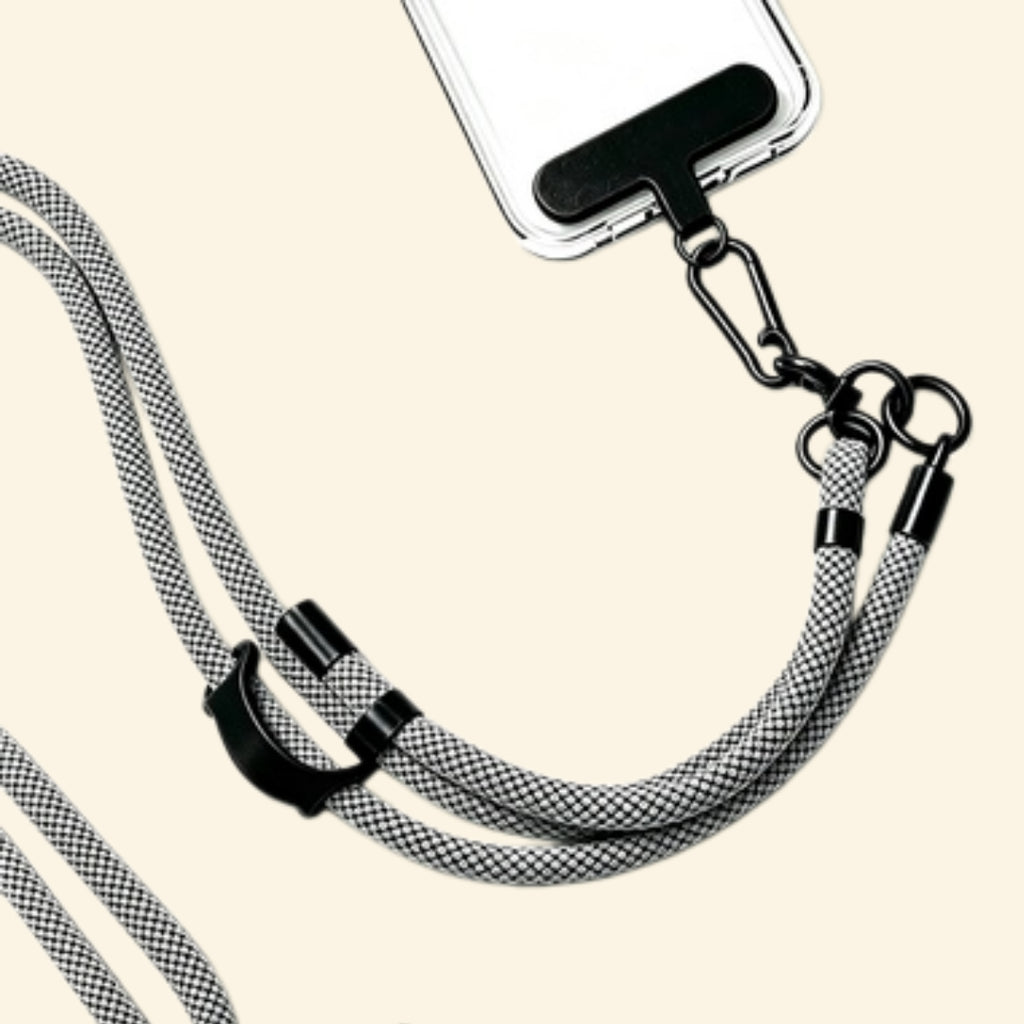 The Core Cord Monochrome Grid – lanyard attached to phone case detail view
