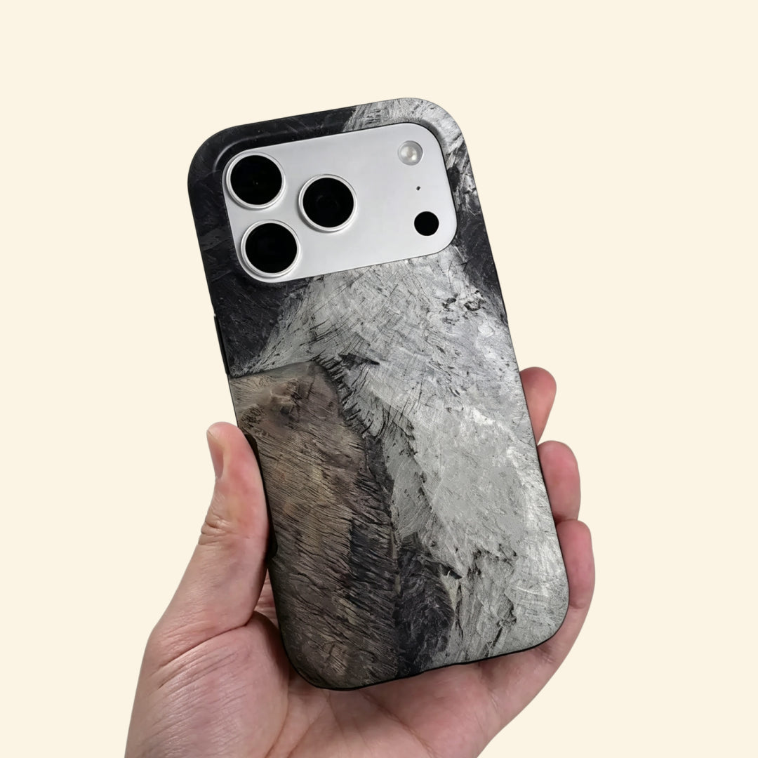 The Glacial Strata case – flat lay top-down view showing camera island and rock strata print