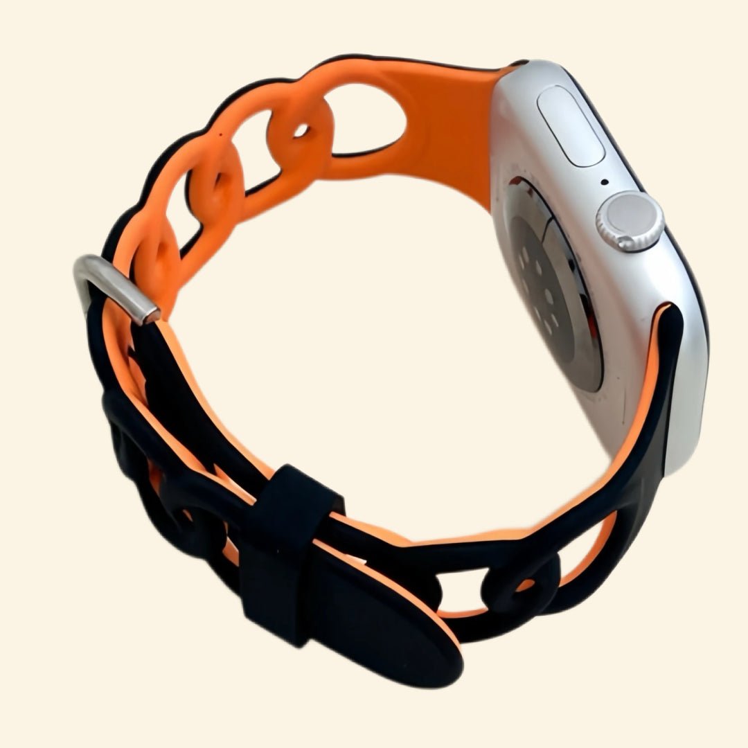 Onyx Black & Amber Orange Cutout Chain Link Silicone Band for Apple Watch - Carapace StudioWatch BandCarapace StudioCarapace StudioCS-8575-BOO-SIL-1Apple Watch Ultra 3 (49mm)Onyx Black & Amber Orange Cutout Chain Link Band — rear sensor view on Apple Watch