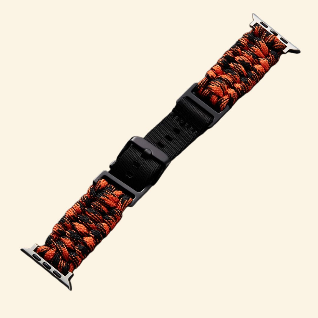 Ember Orange & Black Paracord Braided Band for Apple Watch - Carapace StudioWatch BandCarapace StudioCarapace StudioApple Watch Ultra 3 (49mm)Ember Orange & Black Paracord Braided Band on Apple Watch — angled side view