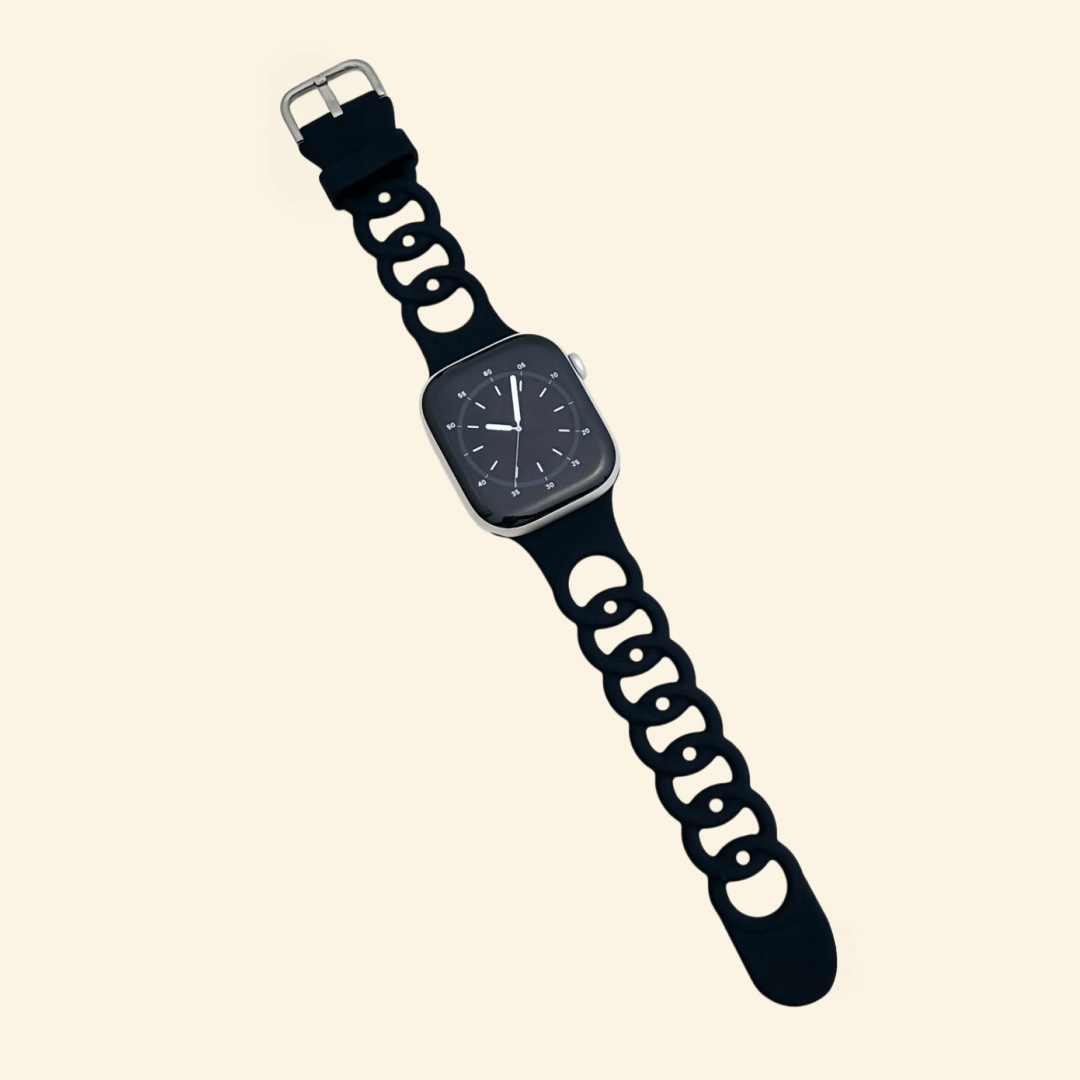 Onyx Black & Amber Orange Cutout Chain Link Silicone Band for Apple Watch - Carapace StudioWatch BandCarapace StudioCarapace StudioCS-8575-BOO-SIL-1Apple Watch Ultra 3 (49mm)Onyx Black & Amber Orange Cutout Chain Link Band — flat lay showing full strap length and dual-tone chain link detail