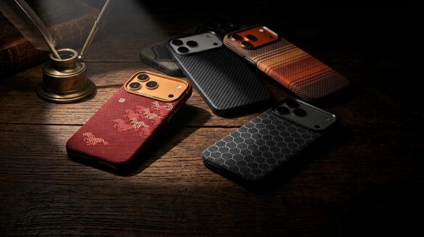 Fine art iPhone cases with textile and woven patterns displayed on dark academia desk – Carapace Studio