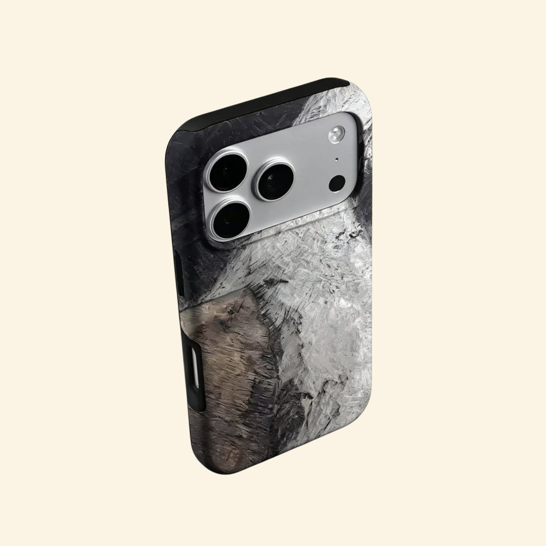 The Glacial Strata case – front and side profile showing slim shell with geological texture