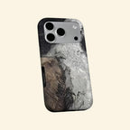 The Glacial Strata case – hand-held lifestyle shot showing full glacial strata artwork
