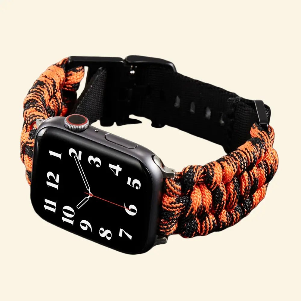 Ember Orange & Black Paracord Braided Band for Apple Watch - Carapace StudioWatch BandCarapace StudioCarapace StudioApple Watch Ultra 3 (49mm)Ember Orange & Black Paracord Braided Band — full band isolated diagonal view