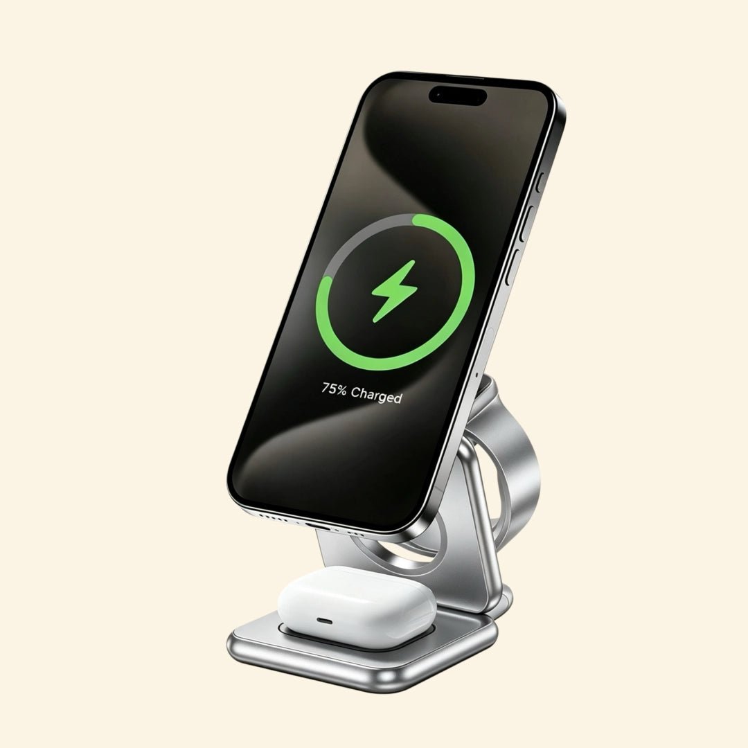 Foldable 3-in-1 MagSafe Wireless Charging Station - Carapace StudioWireless ChargerCarapace StudioCarapace Studio10557-1Glacial PlatinumFoldable 3-in-1 MagSafe Wireless Charging Station with iPhone and AirPods — front view