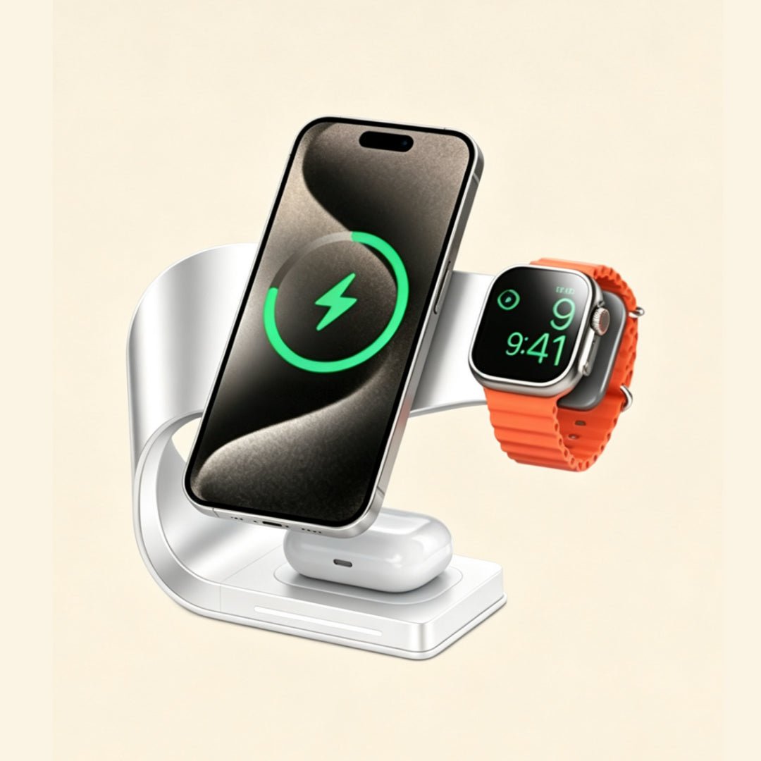 Streamlined Metal 3-in-1 Magnetic Wireless Charging Stand - Carapace StudioWireless ChargerCarapace StudioCarapace Studio10559Aurora SilverFull ecosystem shot — iPhone MagSafe charging with Apple Watch Ultra docked and AirPods on base