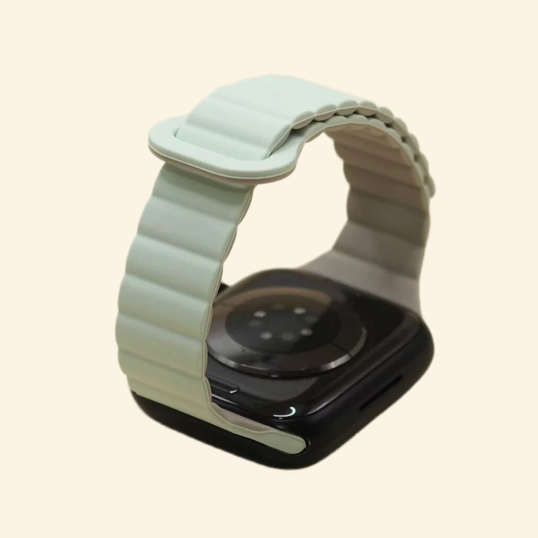 Sage Green Magnetic Silicone Band — front face view on Apple Watch