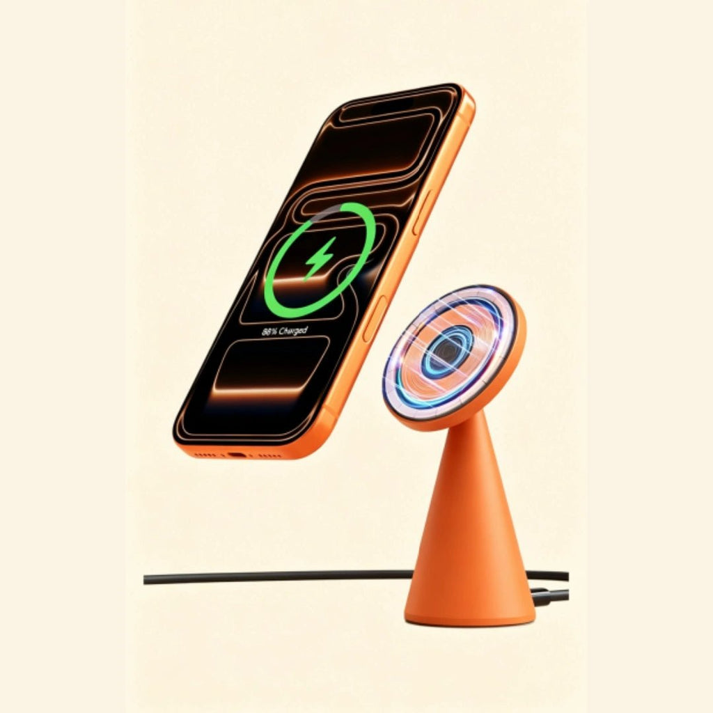 Geometric Cone Qi2 25W Wireless Charging Stand - Carapace StudioWireless ChargerCarapace StudioCarapace StudioSPEC-10556-CONE-QI2Amber GoldGeometric Cone Qi2 25W Wireless Charging Stand — unboxing with dark collector's box, USB-C cable, and manual