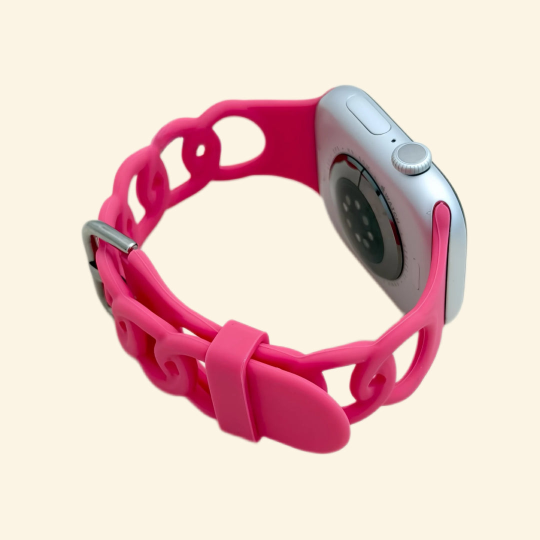 Hot Pink Cutout Chain Link Silicone Band — rear sensor view on Apple Watch