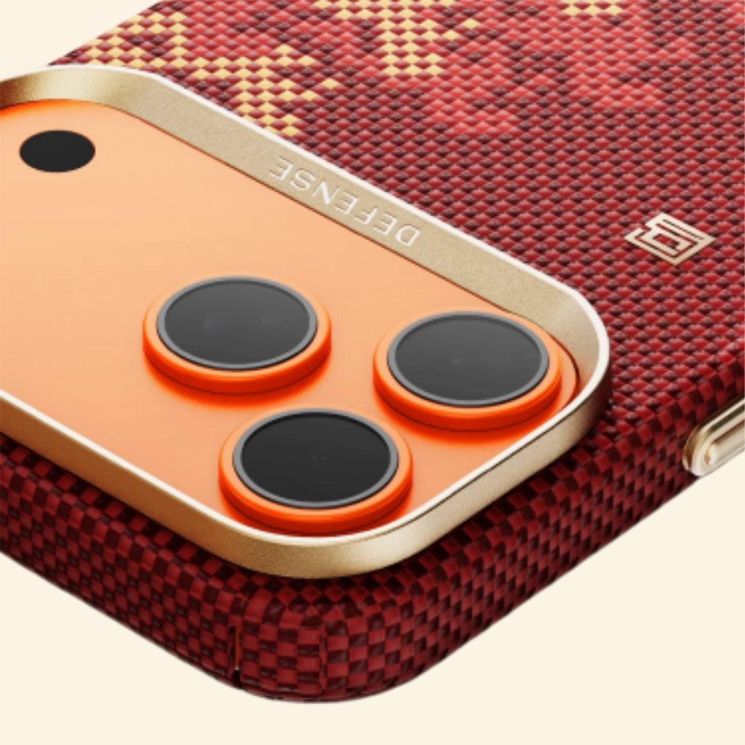Specimen No. 10547 Galloping Steed Aramid iPhone Case — lifestyle hand hold in crimson suit